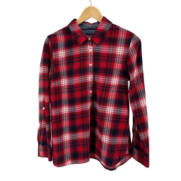 Tommy Hilfiger Shirt WMNS M Red Black Plaid Flannel Cotton Button Up Roll Tab - Picture 1 of 6